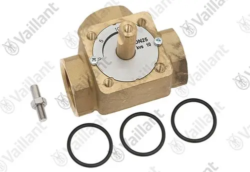 Vaillant Mischer mit brass- und Metallkomponenten, ausgestattet mit einer Skala und drei O-Ringen. Sichtbare Anschlussstellen für Rohrverbindungen.